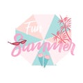 Fun summer banner. Juicy colors. Summer composition with an umbrella, sun glasses, palm ,ice creams